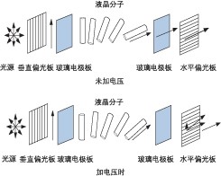 液晶 VOA 加電前后分子排列對比，展示偏振調(diào)控原理