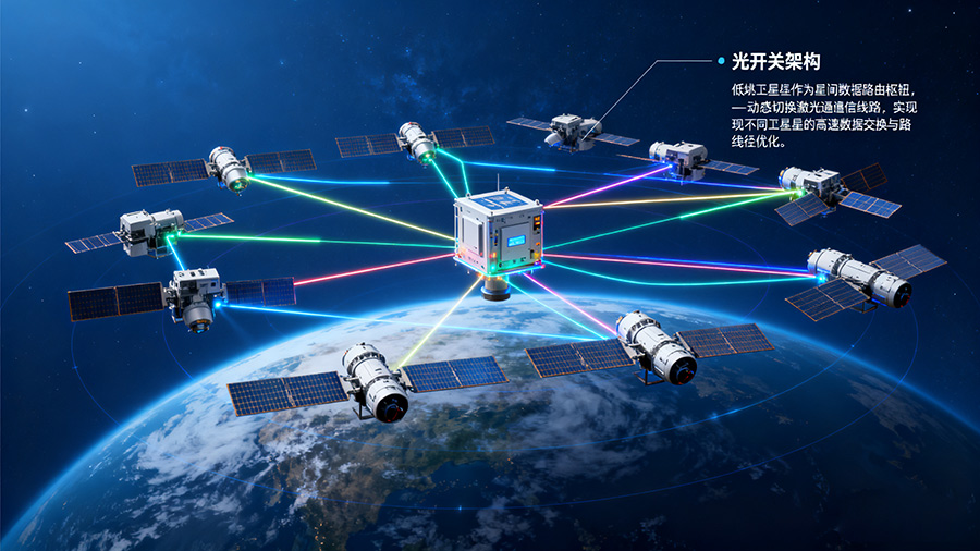 低軌衛(wèi)星星座光開關(guān)部署架構(gòu)，展示光開關(guān)在星間組網(wǎng)中的關(guān)鍵作用