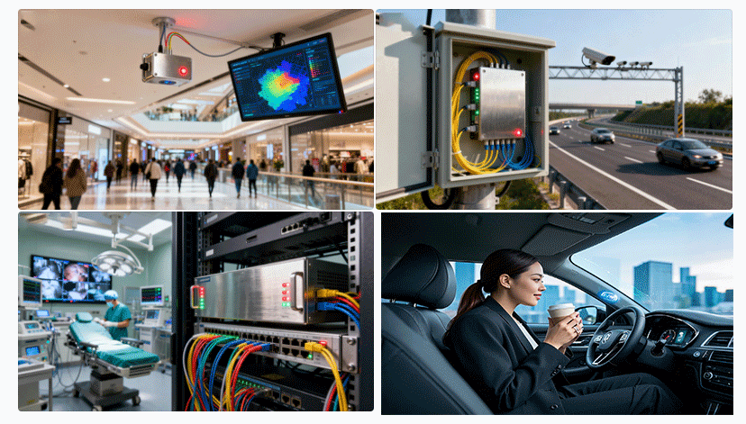 光開(kāi)關(guān)在室內(nèi)定位、智能交通、醫(yī)療通信等典型場(chǎng)景示意圖 - 廣西科毅