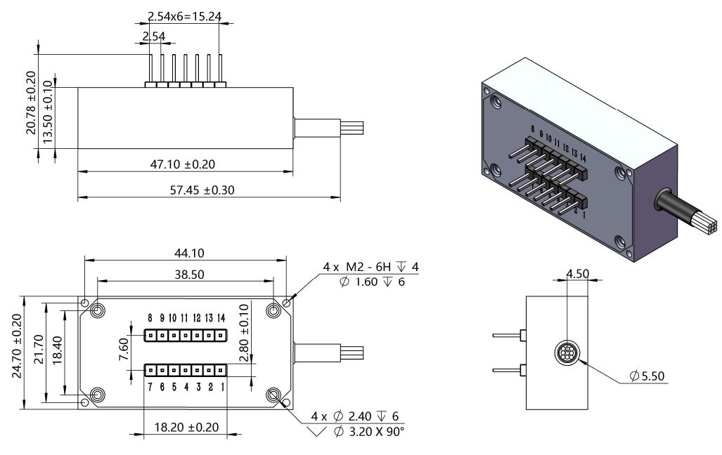 2x6 MEMS光開關(guān)模塊尺寸示意 2x6 MEMS光開關(guān)模塊尺寸示意